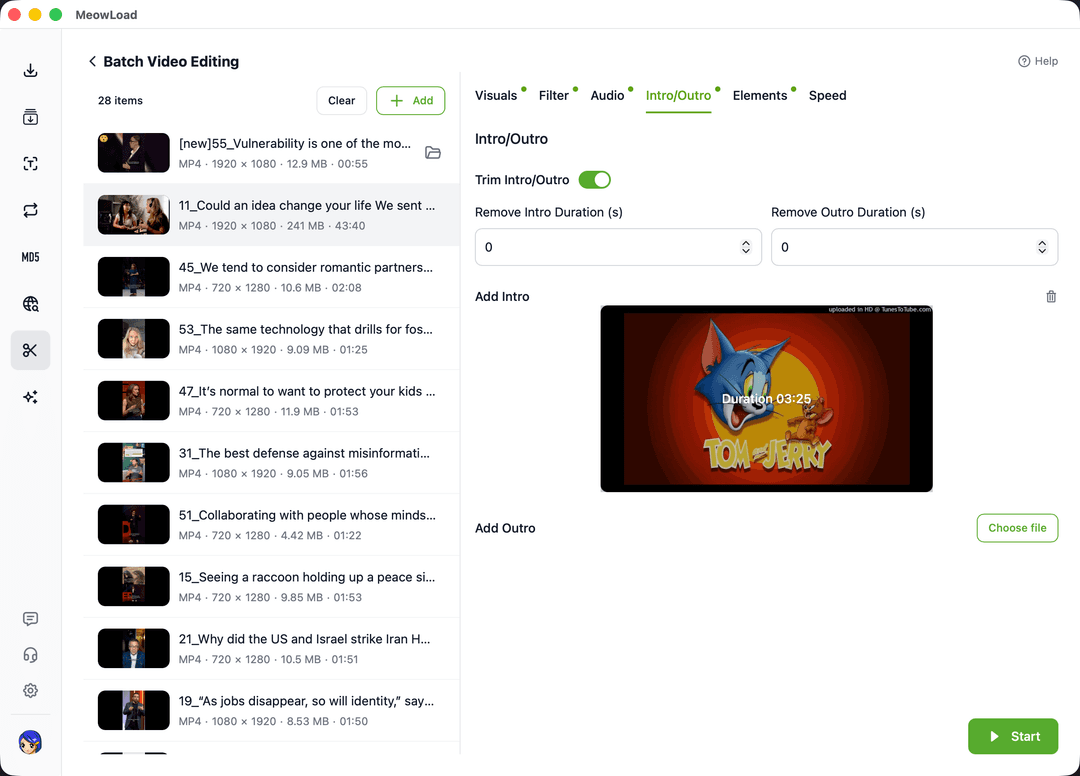 バッチビデオイントロアウトロエディター